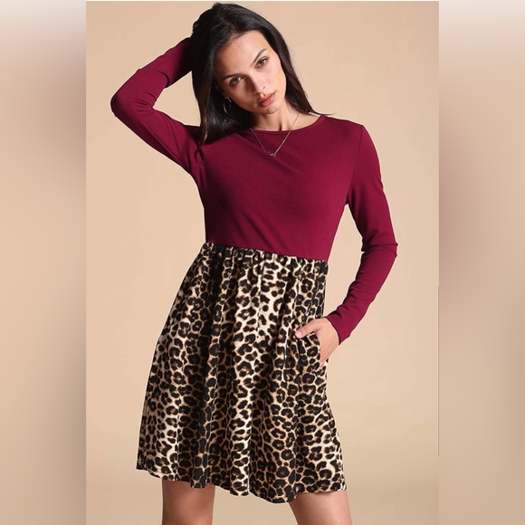 Casual T-Shirt Dress with Pockets Stretchy Long Sleeve Wine & Leopard Print XXL - Picture 2 of 9